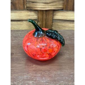 Blown Glass Red Apple Figurine with Dark Green Stem and Leaf
